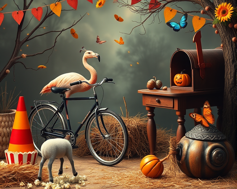 cone, bicycle, sheep, popcorn, flamingo, peacock, top hat, halloween, hay, acorn, heart, desk, snail, mailbox, butterfly, brown, tire